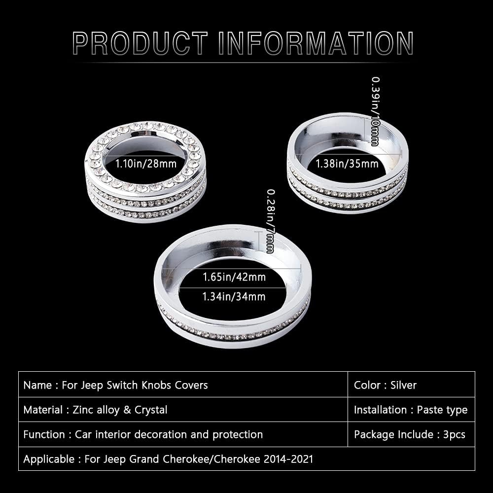 PIFOOG for Jeep Grand Cherokee Accessories & Cherokee Accessories 2014-2021, Crystal Bling Car AC Knob Covers for Jeep Interior Trim Kit 3PCS Women