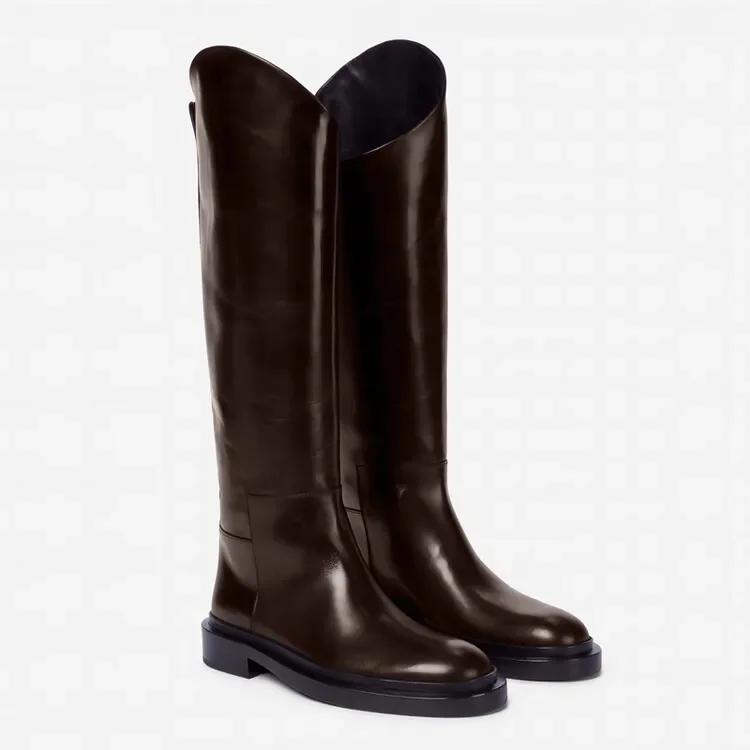 European and American Ladies Fashion Round Toe Knee Length Flat Leather Boots, Size 34-46 Women's Knight Boots
