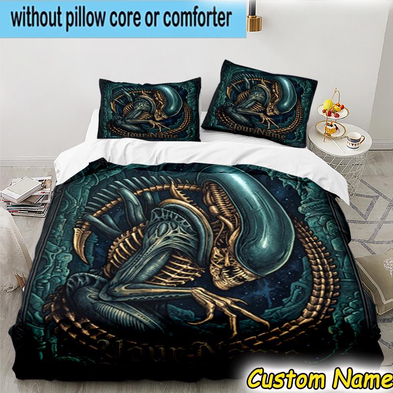 3pcs Custom Name Alien Artwork Bedding Set Includes 1 Duvet Cover & 2 Pillowcases for All Seasons Dormitory Home Decor Christmas Gifts