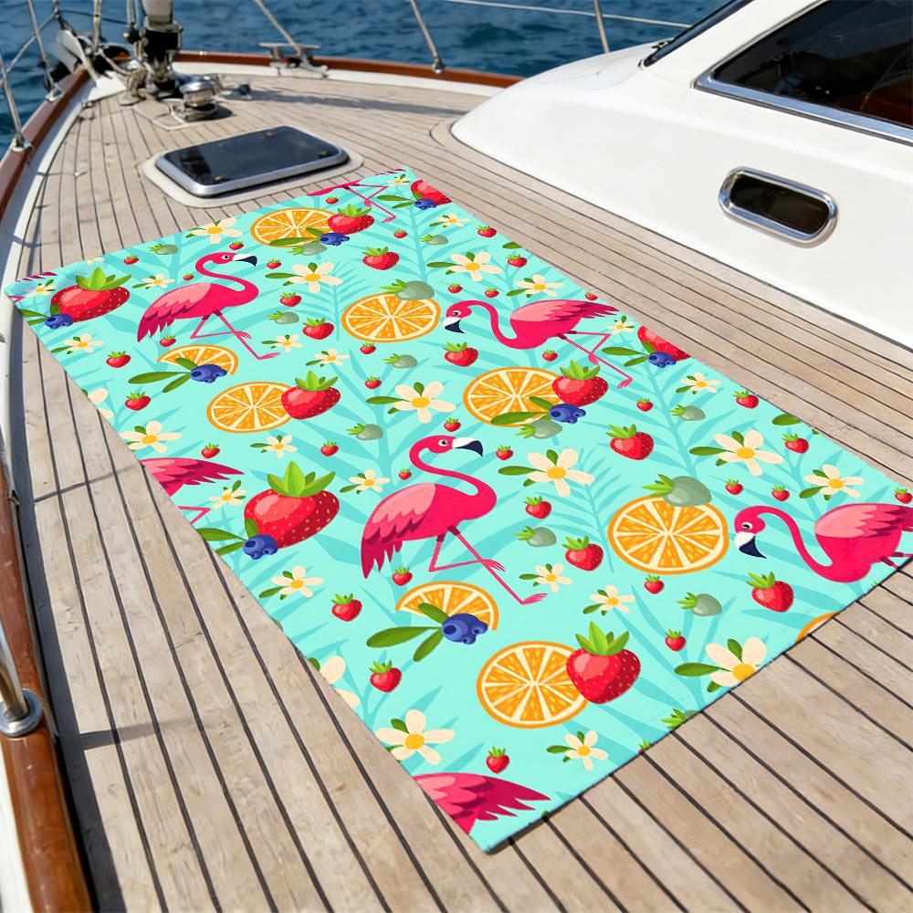 Flamingo & Tropical Fruit Beach Towel – Oversized Quick Dry Sand Free with Strawberry & Orange Print for Summer Fun
