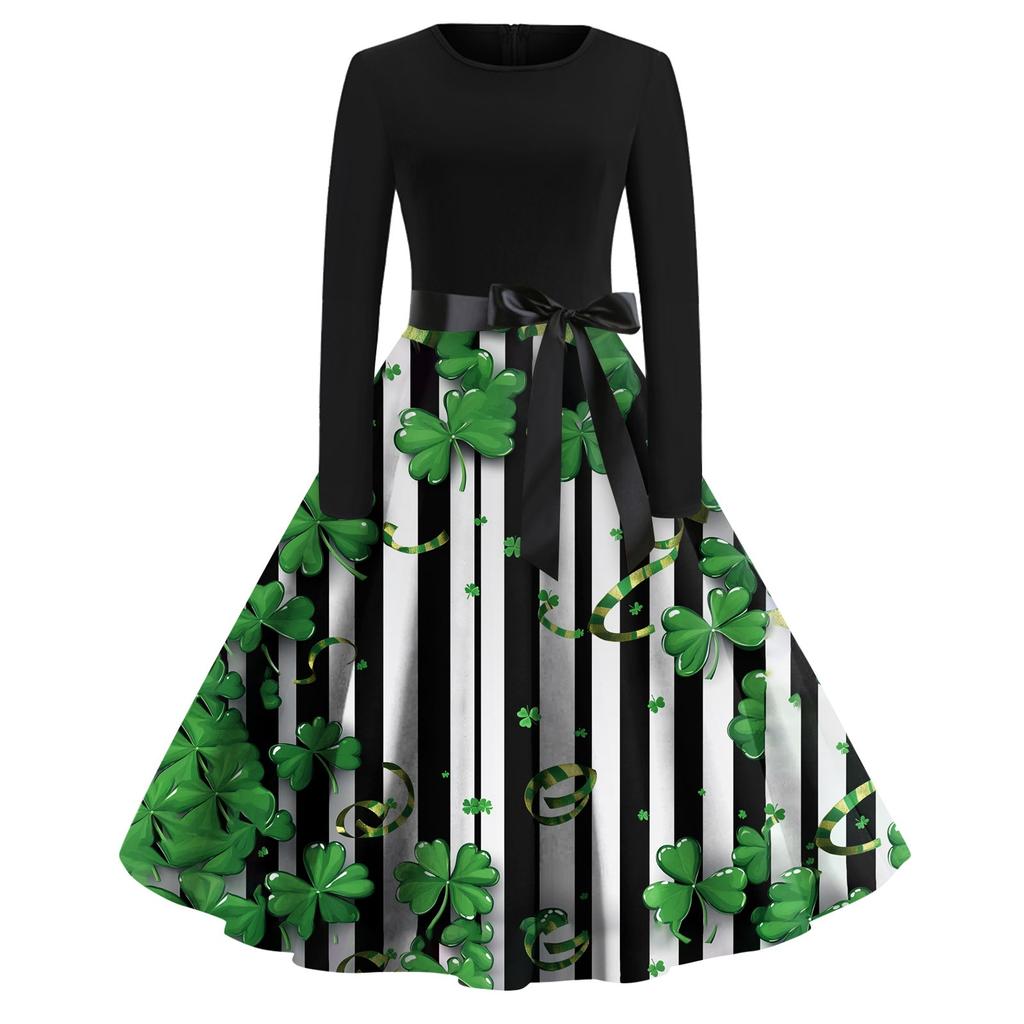 Women's Printed Round Neck Big Hem  Skirt Pleated Skirt Long Sleeved Dress Dress