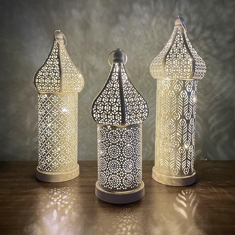 Golden Moroccan Lantern, Hollow Iron LED Light for Home Decor, Ramadan Eid Wedding, Indoor Outdoor Hanging Pendant Lamp - 1PC