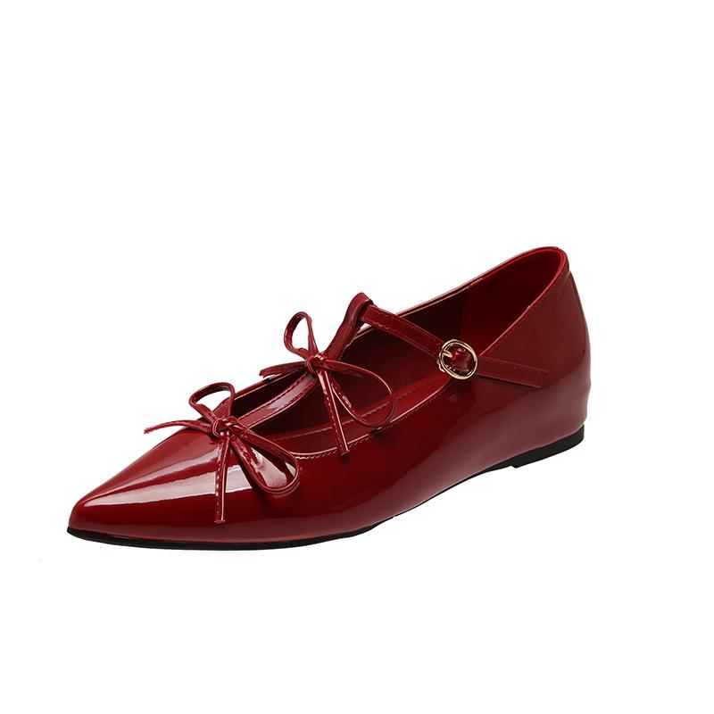 

French red flats 2025 new pointed bow soft-soled shoes shallow mouth Mary Jane shoes single shoes women 40