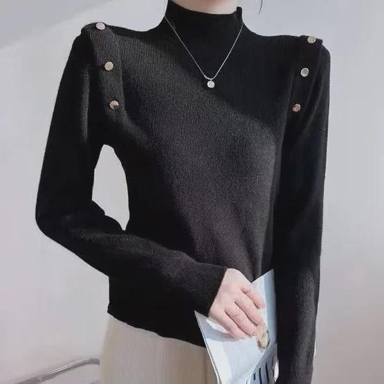 Women's Slim Fit Black Knitted Sweater - Medium High Neck, Autumn & Winter Base Layer