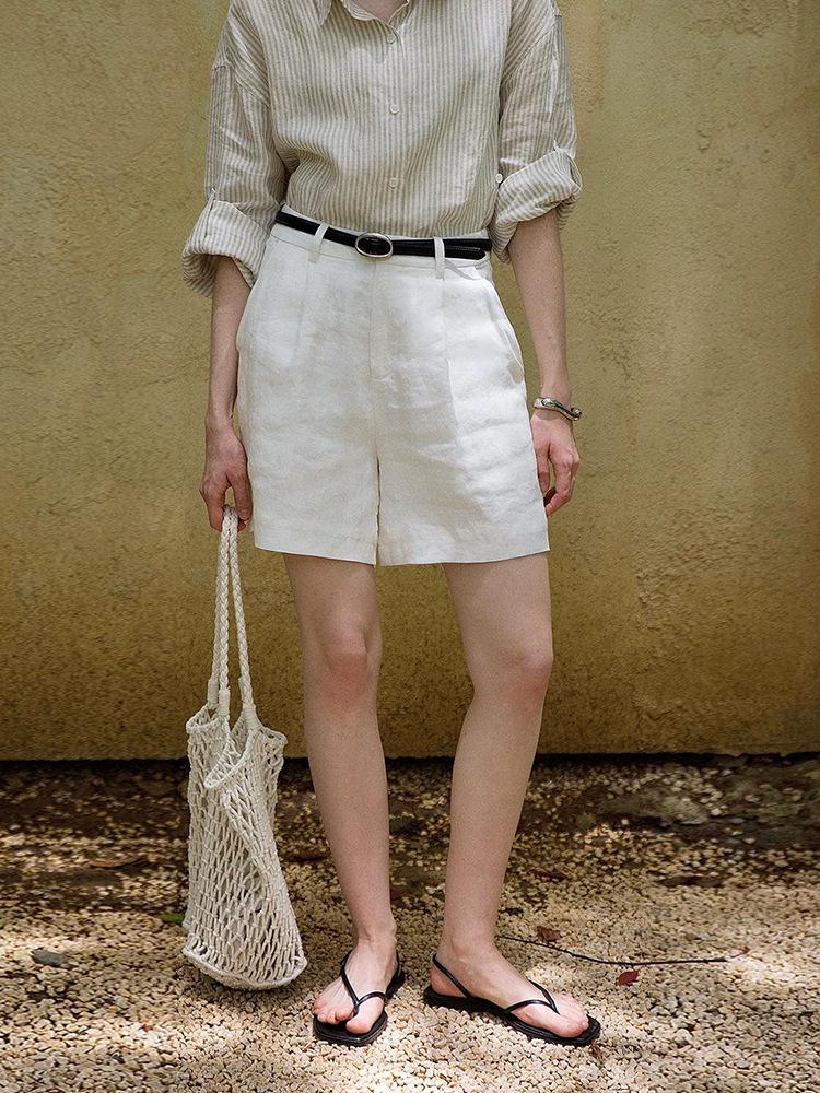 Wen Jiu Old Money Style 100% Linen High-Waisted Capris - White, Versatile, Mid-Length, Spring/Summer New Collection. Medium белый