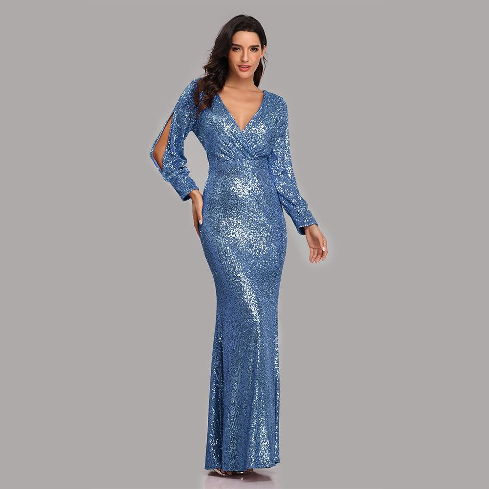 Übergröße V-Ausschnitt Pailletten Meerjungfrau Abendkleid - Mehrfarbig Langarm für Frühling & Herbst