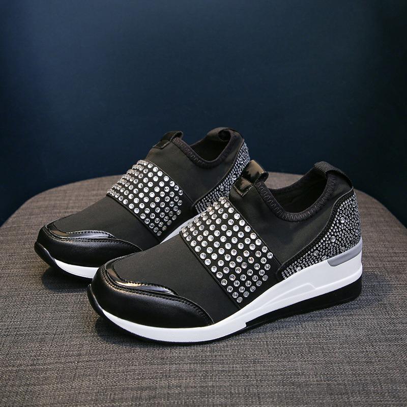 2025 Spring Korean Style Wedge Heel Rhinestone Slip-On Casual Flats for Women - Plus Size Round Toe Thick Sole Dad Shoes