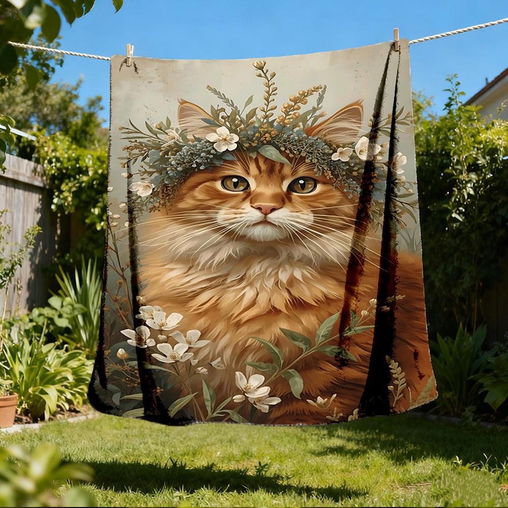 1pc Floral Cat Wreath Outdoor Flannel Blanket Soft All Season Polyester Throw , Perfect for Picnics & Travel , Picnic Accessory