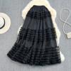 Summer High Waist Thin Multi-Layer Wooden Ear Side Puffy Cake Dress Elastic Waist Medium And Long Mesh A-Shaped Dress Female