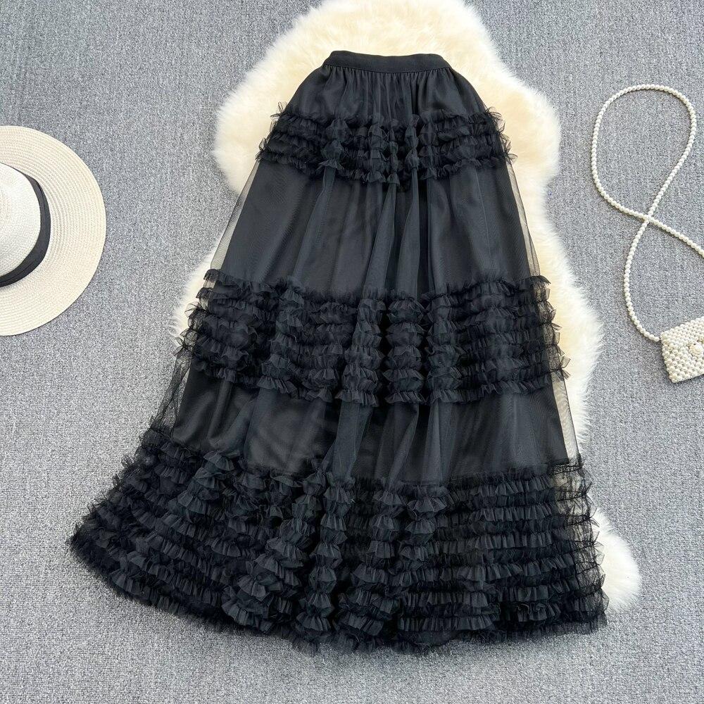 Summer High Waist Thin Multi-Layer Wooden Ear Side Puffy Cake Dress Elastic Waist Medium And Long Mesh A-Shaped Dress Female