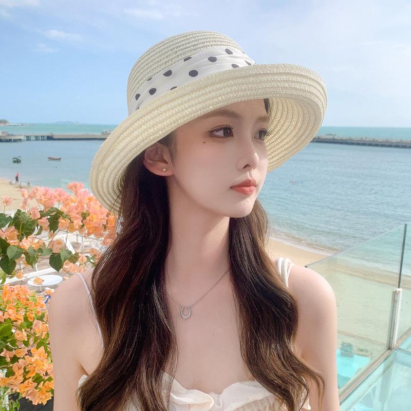Straw Hat Women's Summer French Elegant Polka Dot Bow Sun Hat Seaside Vacation Beach Sunscreen Basin Hat Bucket Hat