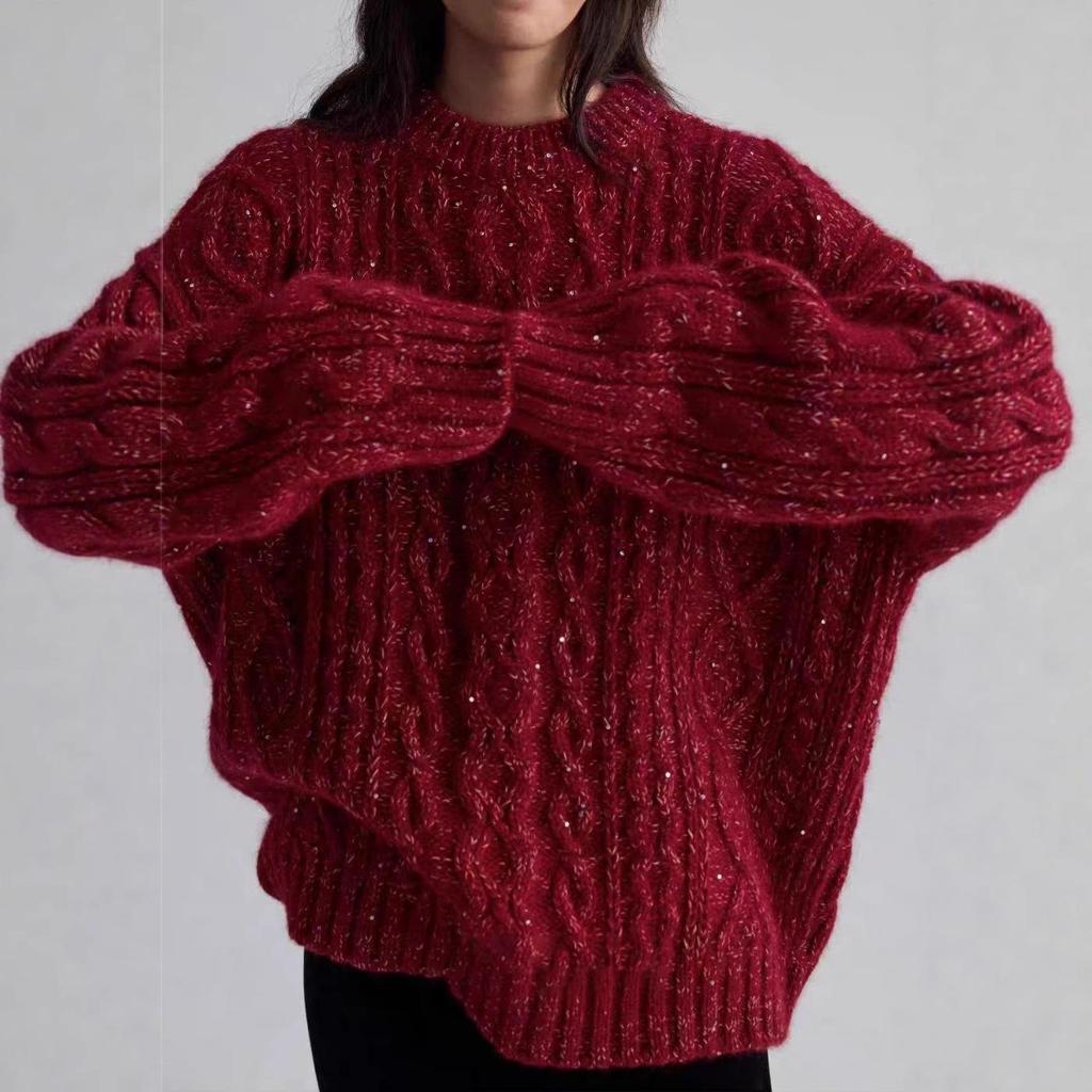 Women's Red Cable Knit Wool Sweater - Heavy Workmanship, 100% Pure Wool, Autumn/Winter, Marled Yarn, Loose Fit, Thickened for Warmth
