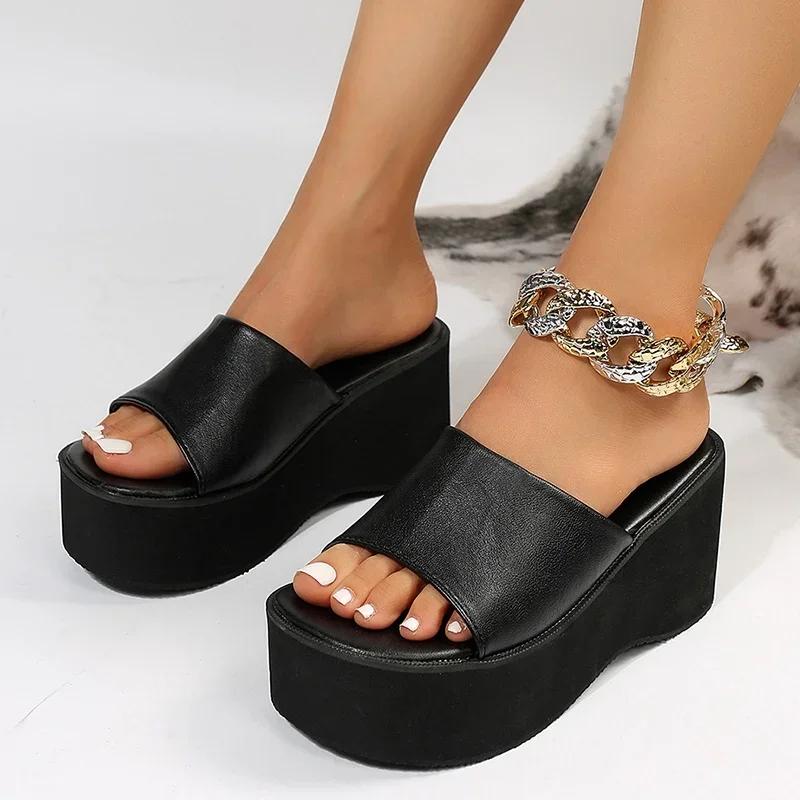 Fashion Chunky Platform Sandals Women Fashion Black PU Leather Wedge Slippers for Woman 2025 Summer Thick Bottom Slides Plus Size