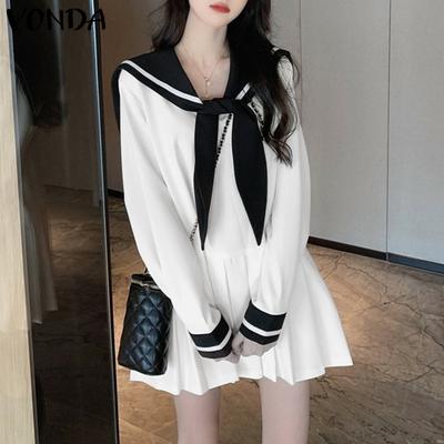 Women Summer Lapel Long Sleeve Pleated Dresses