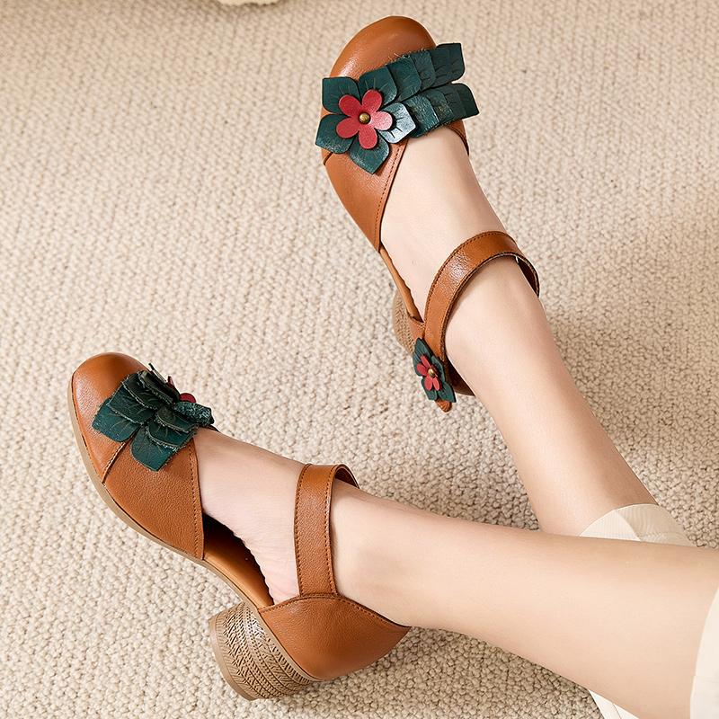 GKTINOO 2025 Ethnic Style Comfortable High Heels Women Summer Sandals Flower Genuine Leather Mom Women's Shoes Non-slip
