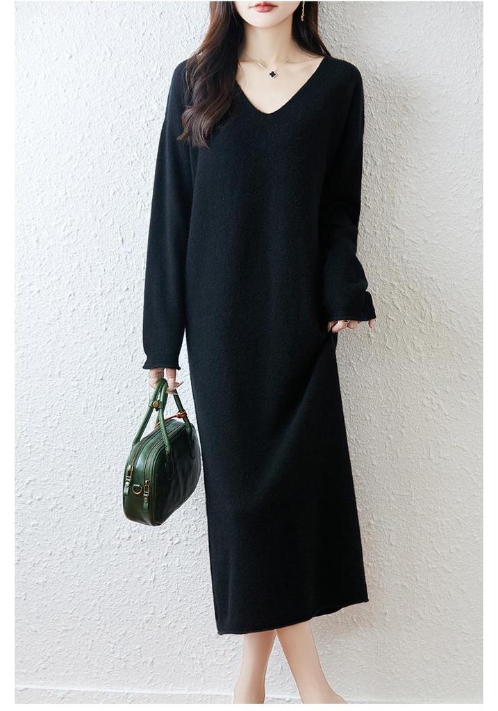 Women's V-Neck Pure Wool Knit Sweater Dress - Mid-Length, Loose Fit for Autumn & Winter