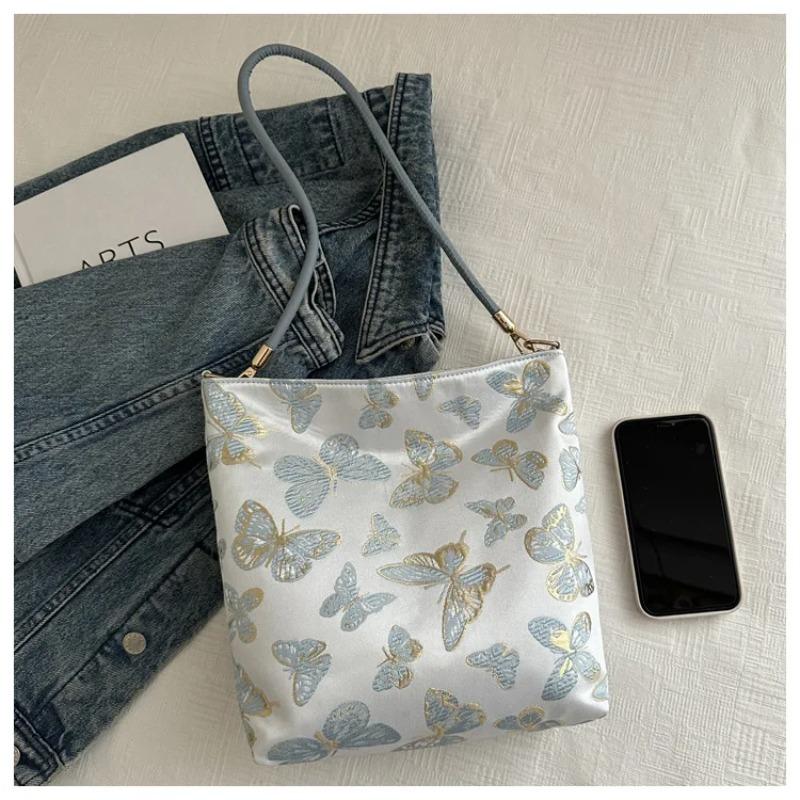 Retro Butterfly Women's Clutch Purse Handbags Embroidery Female Shoulder Bags Bamboo Leaf Pattern Ladies Underarm Bucket Bag