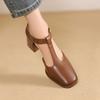 Fashion NEW Summer Women Sandals Split Leather Shoes for Women Square Toe Chunky Heel Shoes Retro Mid-heel Mary Janes Retro Black Shoes