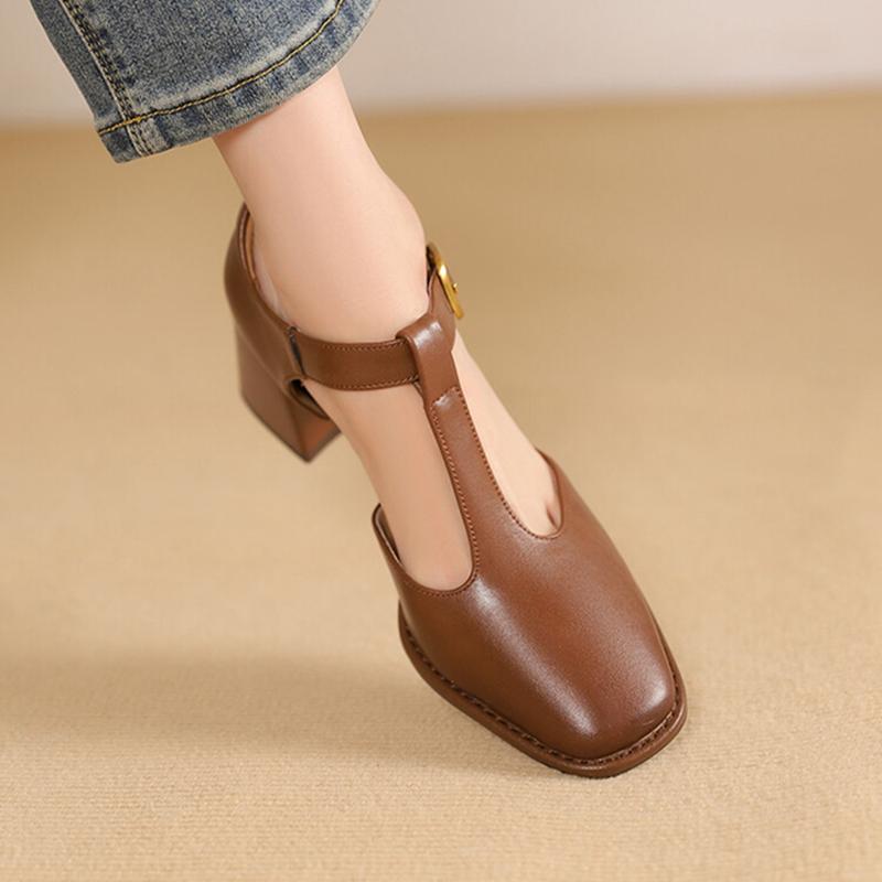 Fashion NEW Summer Women Sandals Split Leather Shoes for Women Square Toe Chunky Heel Shoes Retro Mid-heel Mary Janes Retro Black Shoes