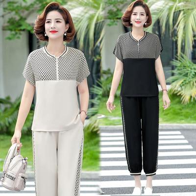 Summer Two Piece Sets Womens Outifits Short-Sleeved Middle-Aged Mother Clothes Elderly Grandma Casual Sports Pant Suits