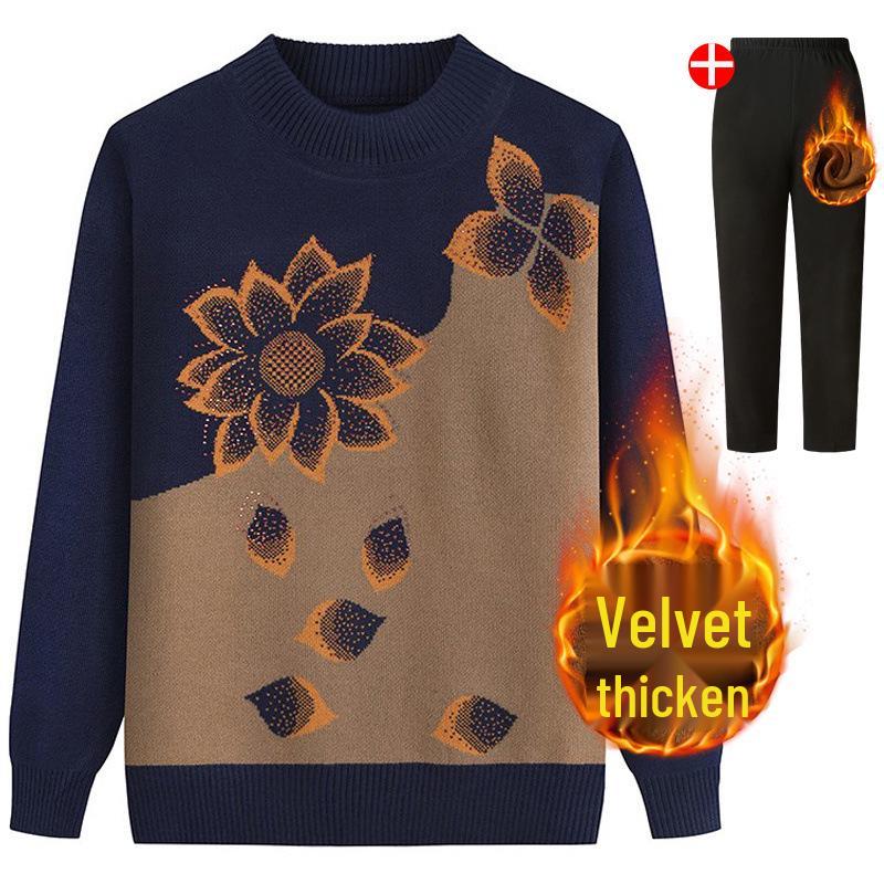 Plus Size Knitted Sweater for Women: Thickened Velvet Autumn and Winter Coat for Middle-Aged & Elderly