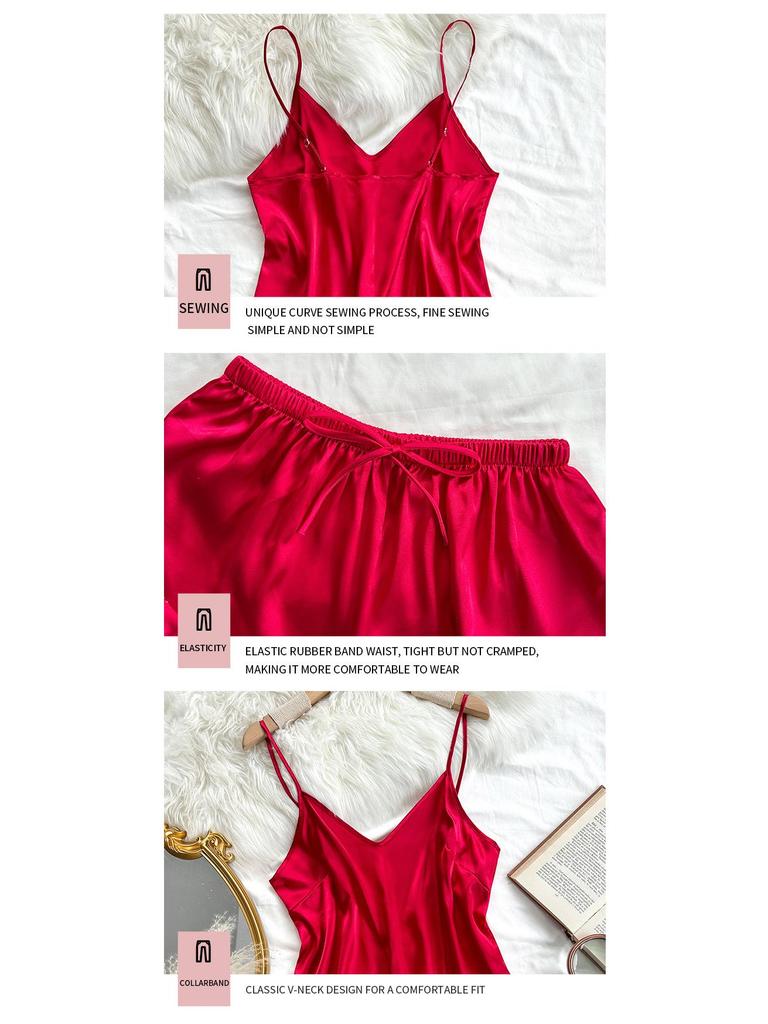 Women's Backless Spaghetti Strap Imitation Silk Pajamas Set - Casual, Fashionable, Sexy Shorts Lounge Wear