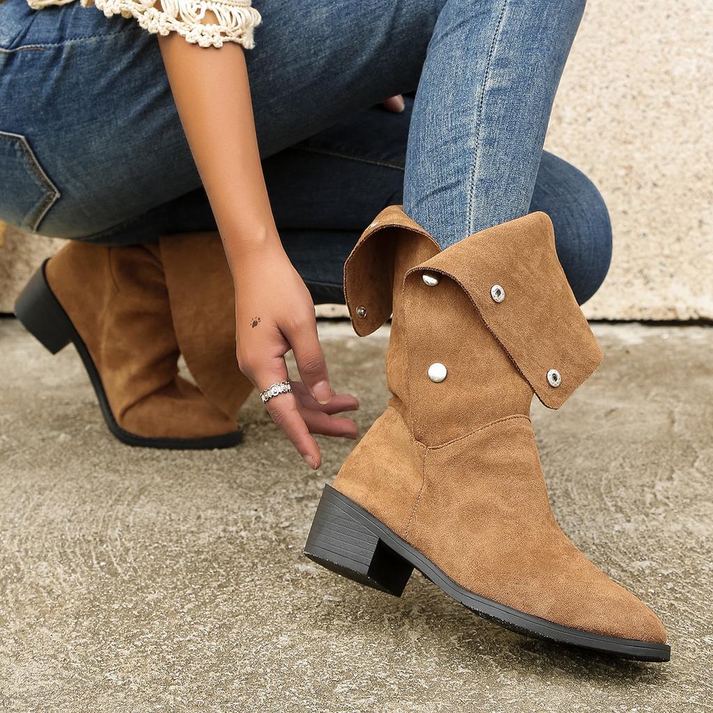 Western Pile Boots 2025 Summer Medium Tube Thick Heel Square Head Folded Cowboy Boots But Knee Boots Female Knight Boots