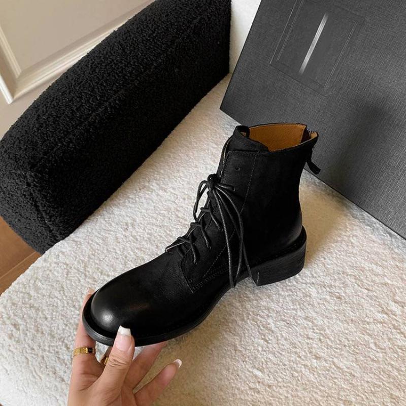 Autumn and winter leather knight boots rear zipper middle heel round head cowhide medium boots new thick-soled large-size women's leather boots