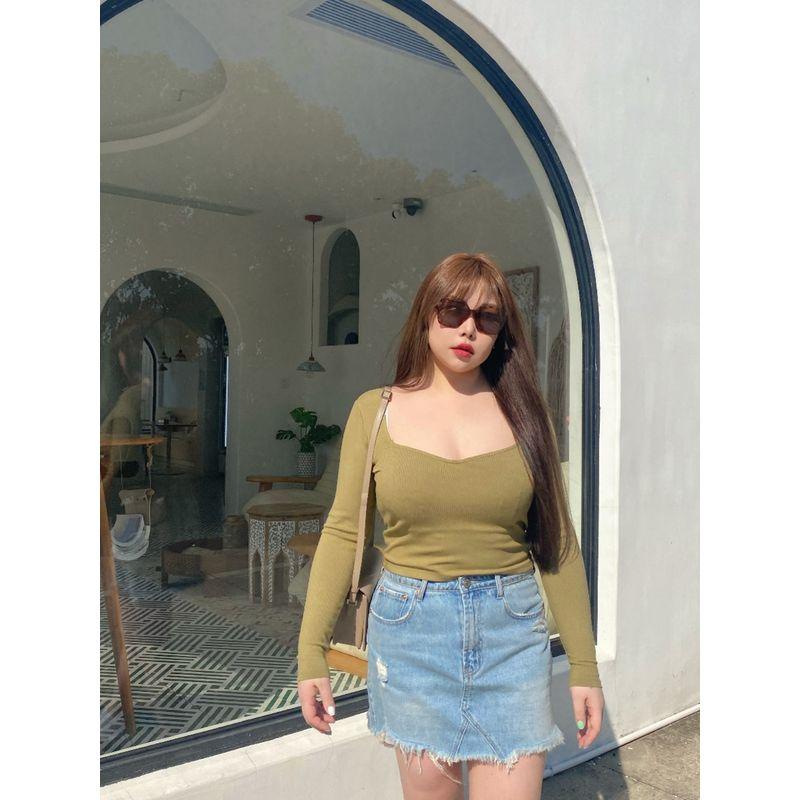 Miss Biggie Fashion Plus Size Chubby Girl Figure Flattering Slim-Fit Versatile Knitting Peach Collar Long Sleeves T-shirt Tops