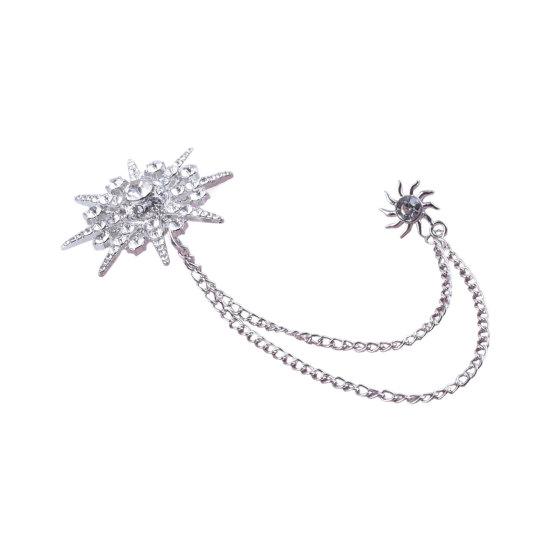 Suits Brooch, Double-Layer Thin Chain, Elegant with High-Gloss Rhinestones Dazzling Starburst Brooch, for Formal Suits And D