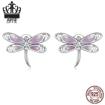 Pendientes de libélula Avle de plata de ley S925 con circonita rosa y diseño hueco exquisito, SCE1414