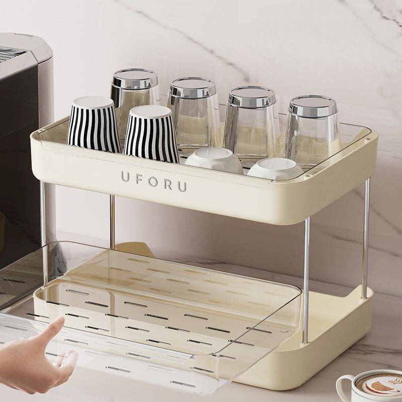 Suport pentru scurgere pentru cești de bucătărie și multifuncțional, suport pentru depozitarea ceștilor de ceai de uz casnic antic, organizator cu capacitate mare, cu strat dublu