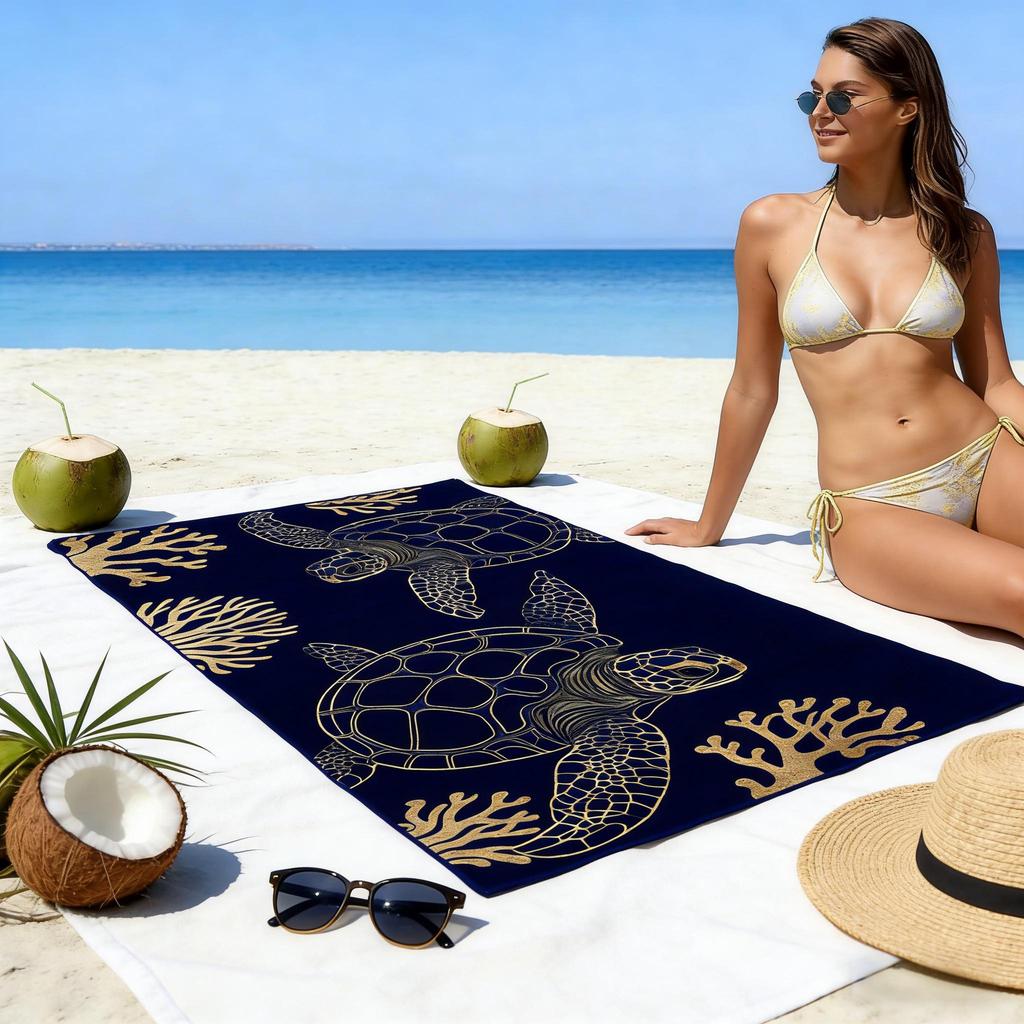 Luxury Gold Sea Turtle Coral Print Beach Towel Quick Dry Absorbent Oversized Bath Towel for Swimming Pool Vacation Beach Blanket