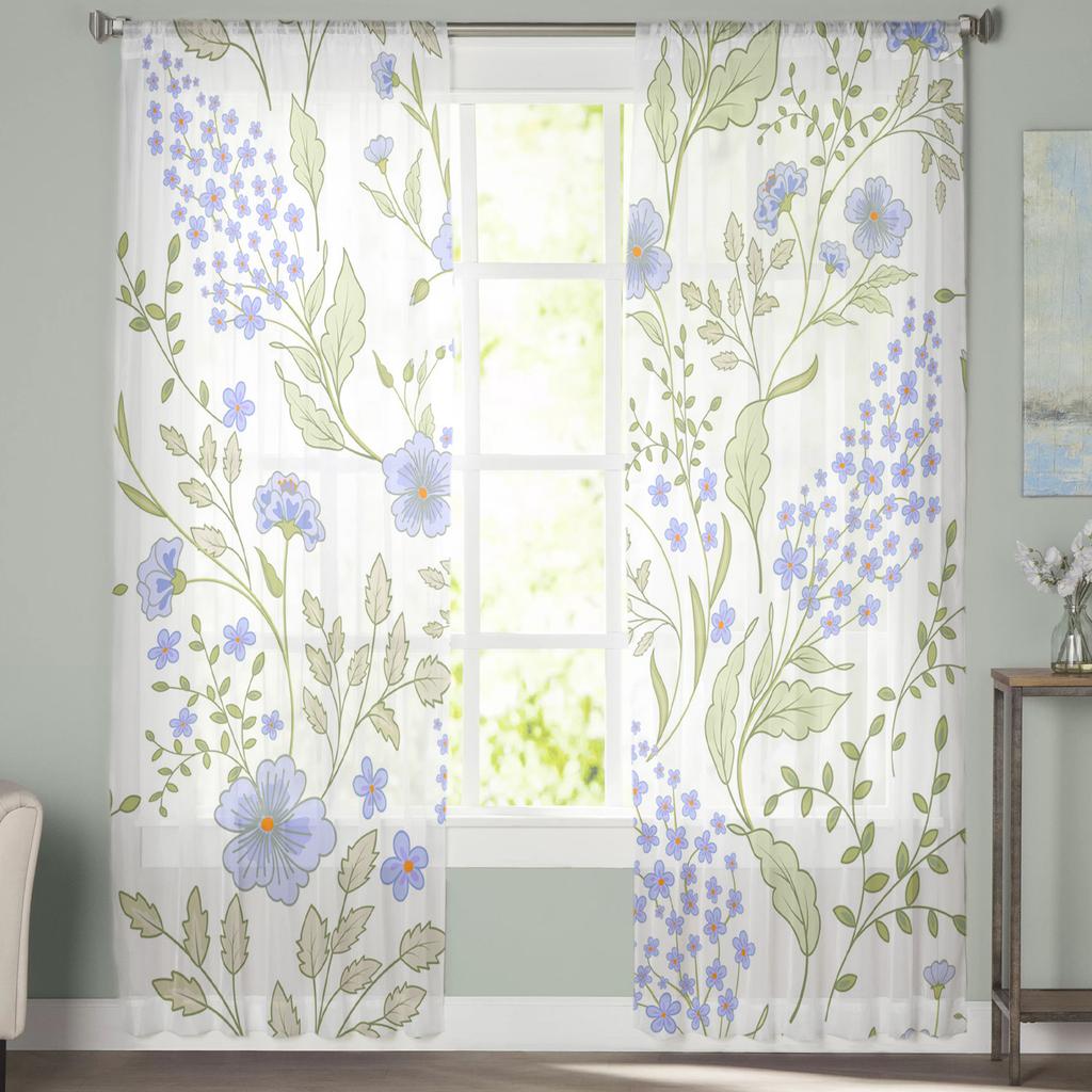 Blumenblätter, grün, blau, Blätter, Tüll, Fenstervorhänge, Wohnzimmer, Organza, durchsichtiger Voile-Vorhang, Schlafzimmer, Küche, Heimdekoration, drapiert