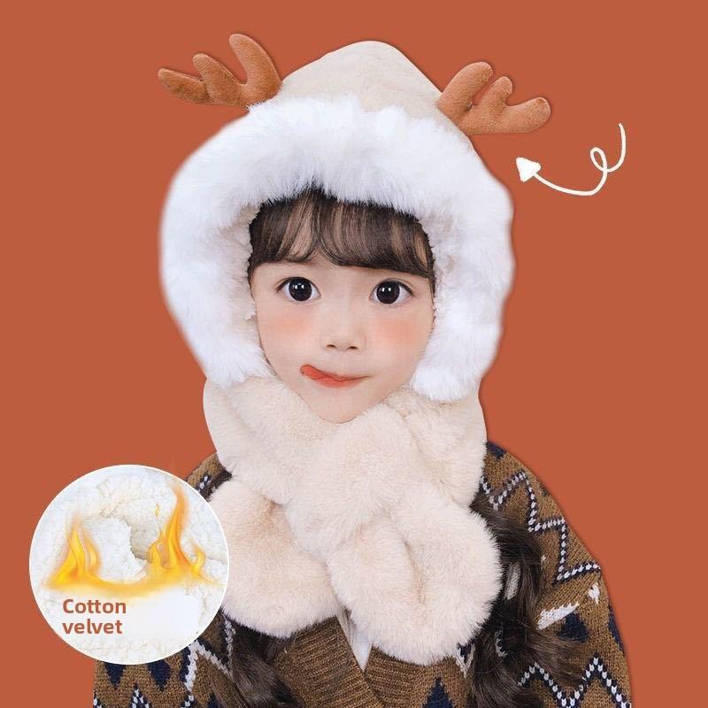 Unisex Kids Deer Antler Hat Scarf 2 In 1 Set Winter Thickened Windproof Thermal Cap Neck Warmer Baby Toddler Gift