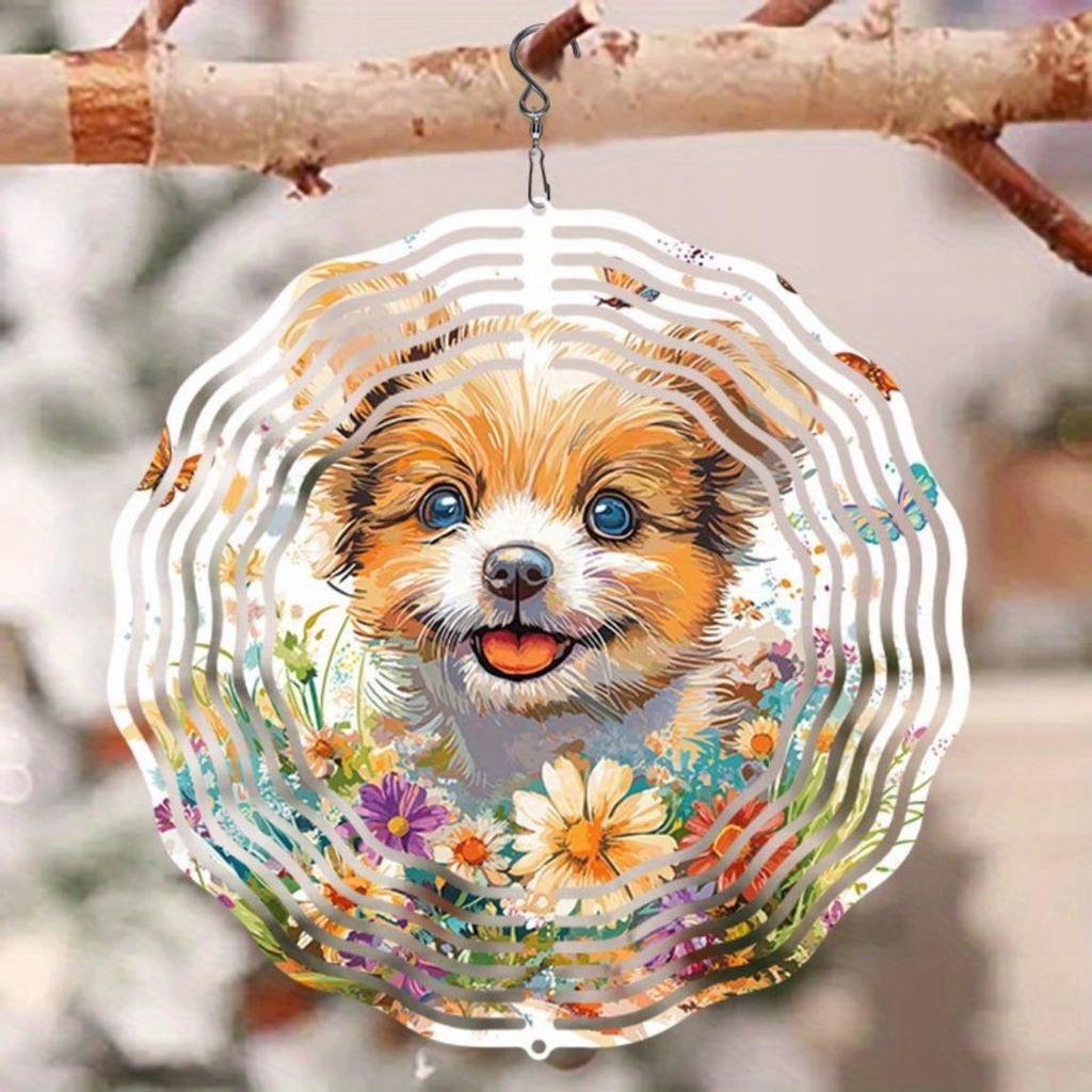 Cute Puppy 2D Kinetic Wind Chime for Outdoor Garden Decor Durable Metal Hanging Gift for Women Mom Grandma Wife Floral Accents Intricate