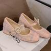 Women's Pink Bow Mary Jane Single-shoe Thick Medium Heel Shoes Princess Elegant High Heel Thick Heel Mary Jane Leather Shoes