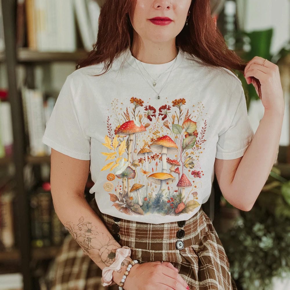 Винтажная рубашка с грибами рубашка в стиле гоблинкор рубашка в стиле коттеджкор Унисекс рубашка рубашка в стиле фейрикор рубашка в стиле naturecore Футболка Одежда Модная Y2K Повседневная уличная одежда S