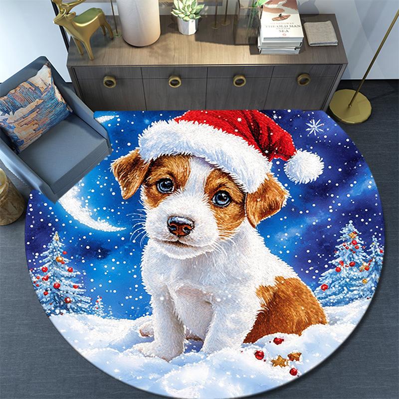 Christmas Puppy Round Area Rug,Carpet Rug for Living Room Bedroom Sofa Playroom Decor,Non-slip Floor Mat