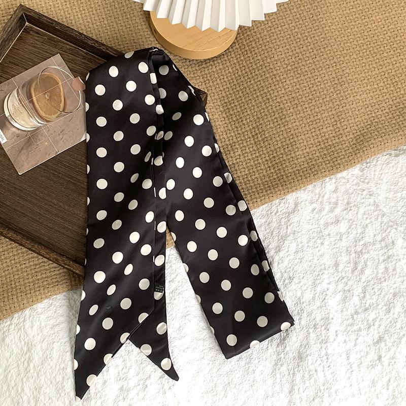 Polka dot silk scarf, long strip, high-end sense, summer retro binding, ribbon, streamer, multi-purpose, small scarf, headscarf, headband, belt.