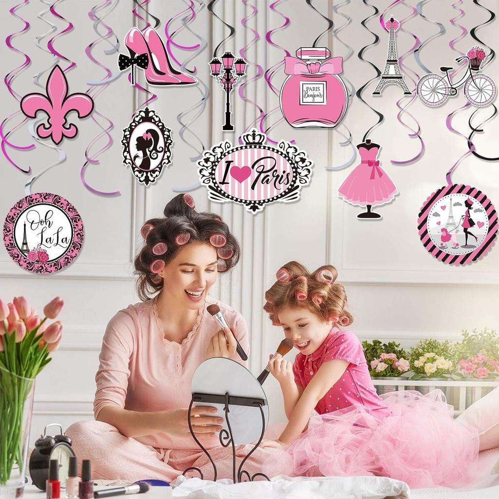 30 Pieces Paris Party Hanging Swirls Decorations, Pink Paris Eiffel Tower High Heels Ooh La La Card Hanging Metallic Foil Streamers Decor Kid Boy