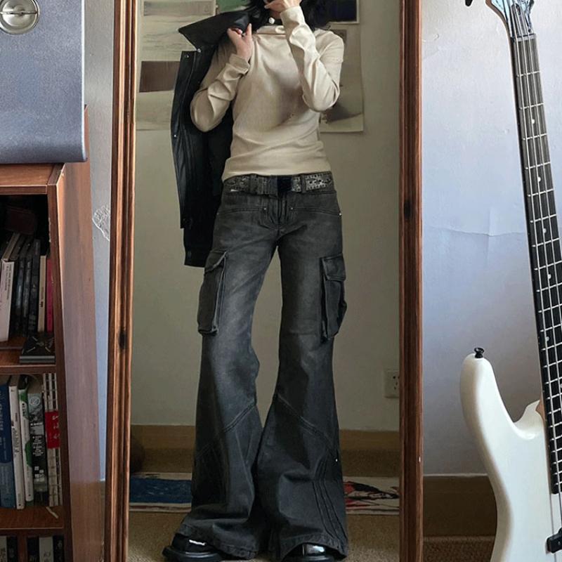 Amerikanska Retro Schlagbyxor Tvättad Svart Låg Midja Smala Utsvängda Jeans Dam Mode E-girl Mysiga Denimbyxor Hiphop High Street