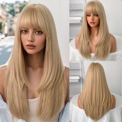 Women’s Beige Blonde Long Straight Wig with Blunt Bangs Layered Synthetic Full Wig