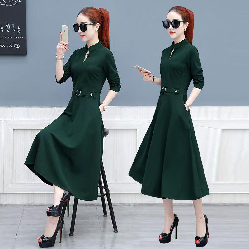 European & American V-Neck Long-Sleeve A-Line Dress - Elegant Spring Mid-Length Style