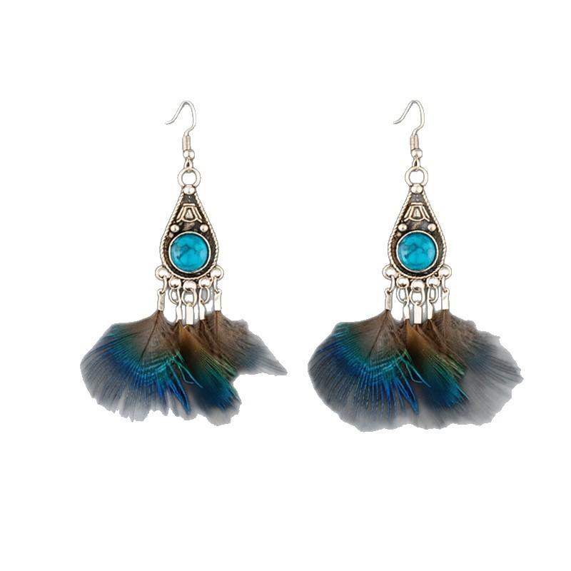Retro Federohrringe Ethnischer Stil Blaue Fransen Langer Ohrschmuck Pfauenhaar Türkise Ohrringe