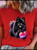 Unisex 100% Polyester Summer Top Black Pomeranian dog Print Loose round Neck Short Sleeve Fashion for Lovers
