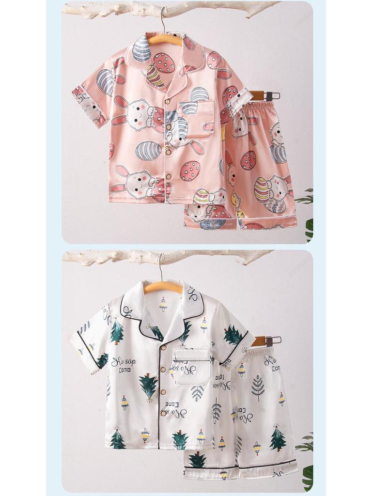 Kids' Cartoon Ice Silk Short Sleeve Pajama Set for Spring and Summer