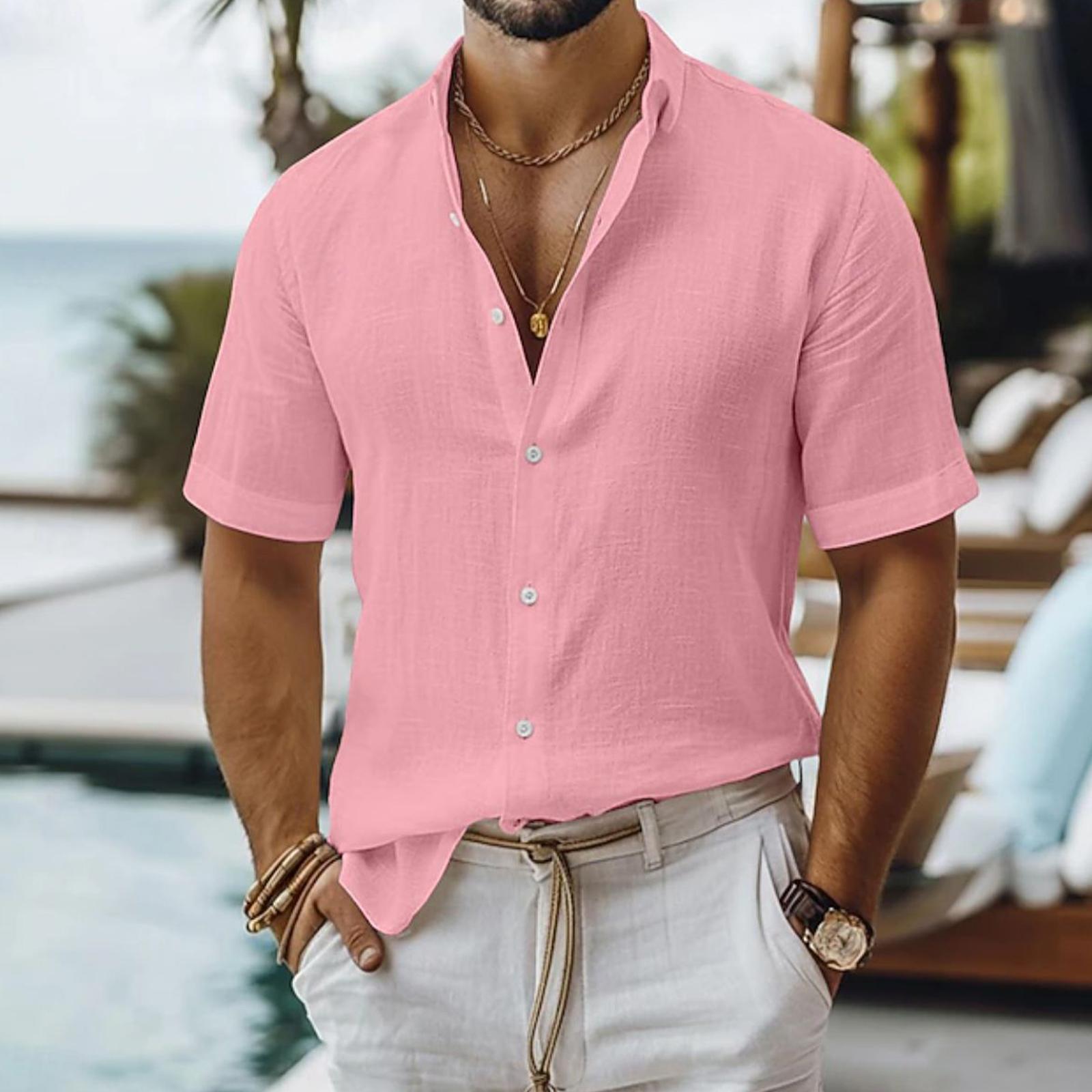 

Men s Linen Cotton Shirt Summer Short Sleeve Lapel Top Business Casual Color Shirt M рожевий