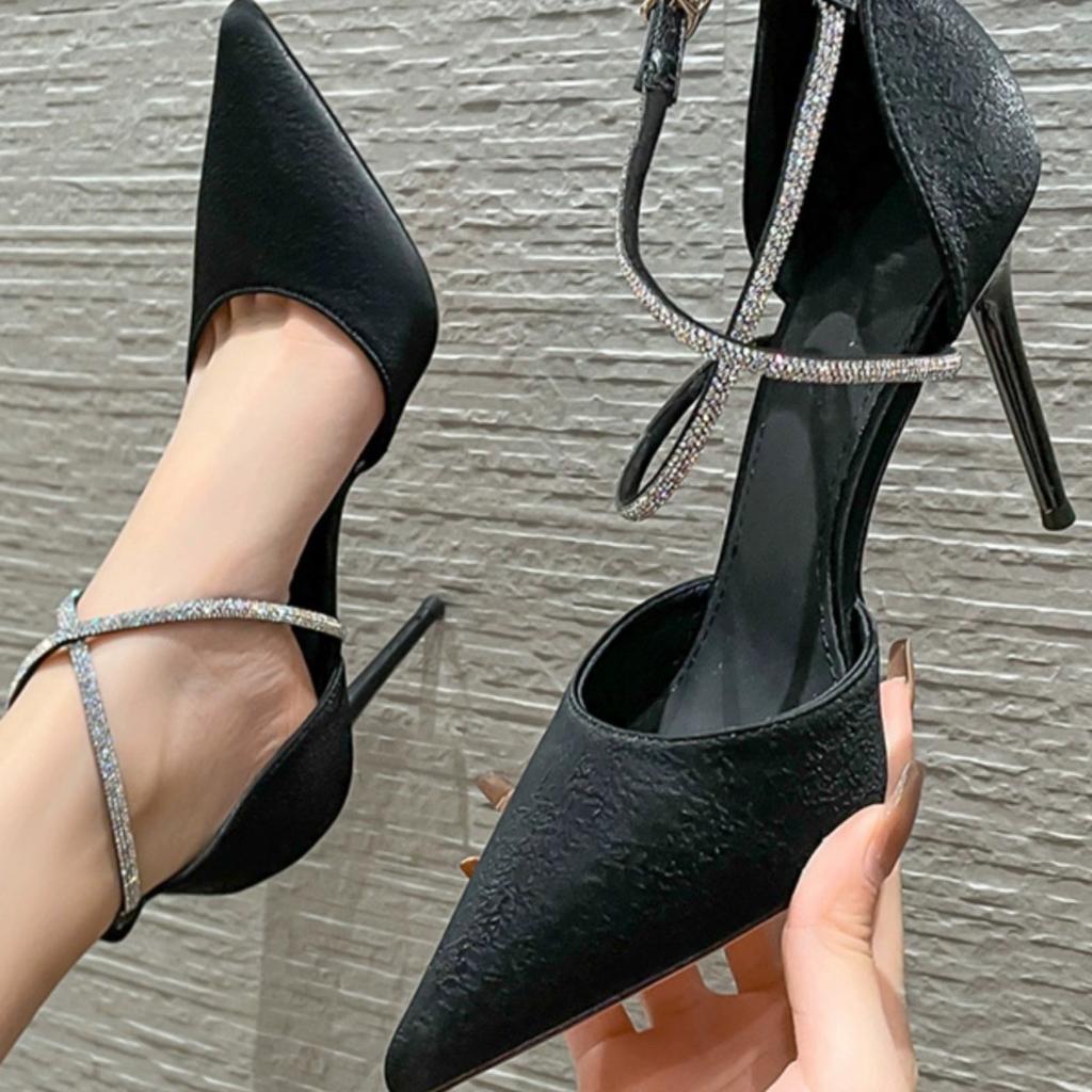 Large size summer new pointed rhinestone thin heel cross strap hollow bag head sandals women