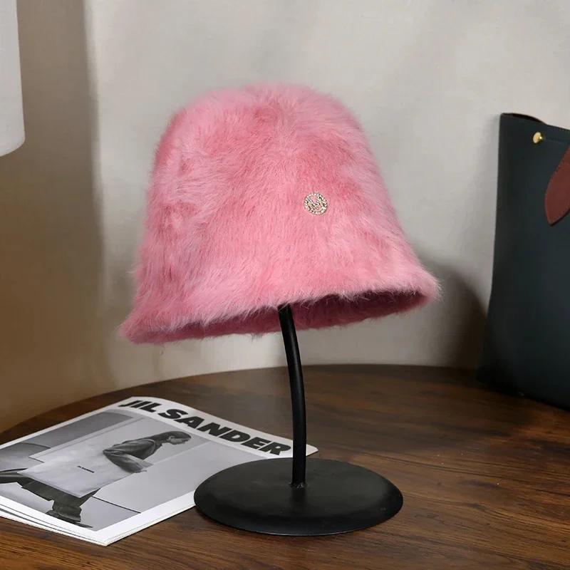 Fashion Designer Letter M Rabbit Fur Bucket Hat Women's Winter Korean Casual Versatile Fluffy Bucket Hat White Warm Basin Hat